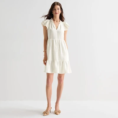 Willow Glenn Womens V Neck Short Sleeve Embroidered Babydoll Dress