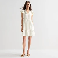 Willow Glenn Womens V Neck Short Sleeve Embroidered Babydoll Dress