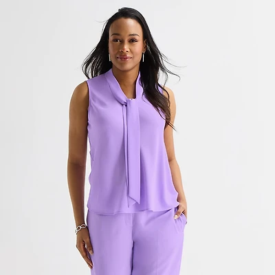Black Label by Evan-Picone Womens Split Tie Neck Sleeveless Blouse