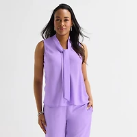 Black Label by Evan-Picone Womens Split Tie Neck Sleeveless Blouse