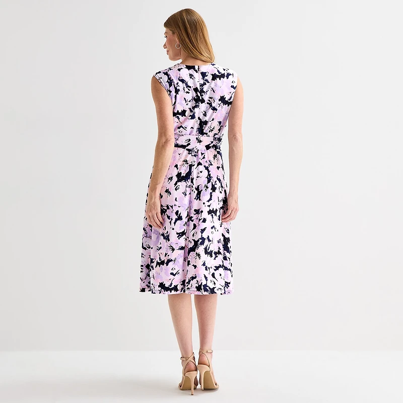 Black Label by Evan-Picone Womens Midi Cowl Neck Short Sleeve Cap Floral Fit + Flare Dress