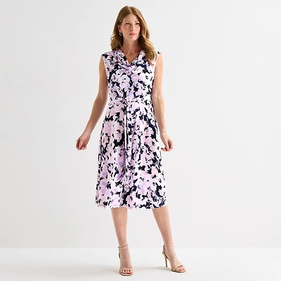 Black Label by Evan-Picone Womens Midi Cowl Neck Short Sleeve Cap Floral Fit + Flare Dress