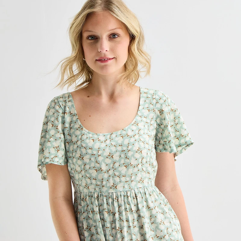 Hurley Womens Juniors Scoop Neck Short Sleeve Floral Fit + Flare Dress