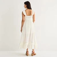 Arizona Womens Juniors Midi Square Neck Sleeveless Peasant Dress