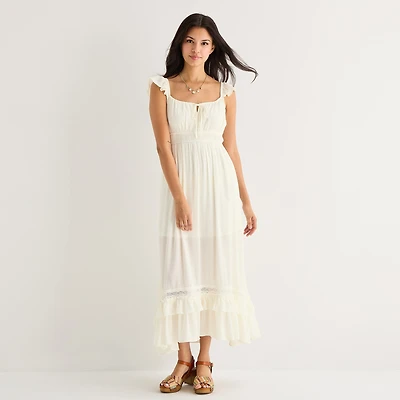 Arizona Womens Juniors Midi Square Neck Sleeveless Peasant Dress