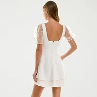City Triangle Womens Juniors Square Neck Short Sleeve Puffed Pearl Trim Fit + Flare Dress
