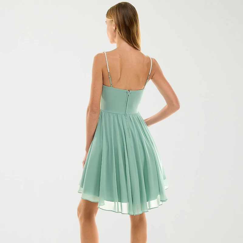 City Triangle Womens Juniors Sleeveless Pearl Trim Fit + Flare Dress