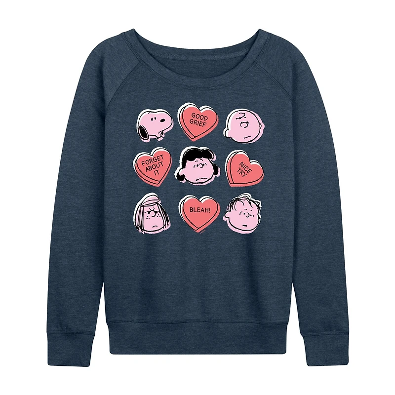 Candy Heart Grid Womens Boat Neck Long Sleeve Classic Fit Peanuts Graphic T-Shirt