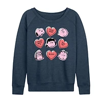 Candy Heart Grid Womens Boat Neck Long Sleeve Classic Fit Peanuts Graphic T-Shirt