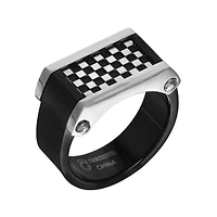 Mens Stainless Steel and Black Ion-Plated Checkerboard Ring