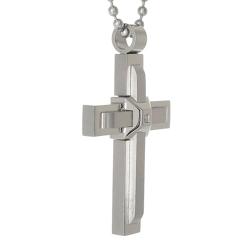 Mens Cubic Zirconia Stainless Steel Triple Layer Cross Pendant Necklace