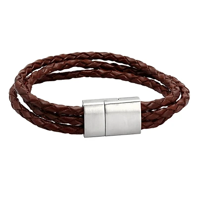 Mens Brown Leather Stainless Steel Bracelet
