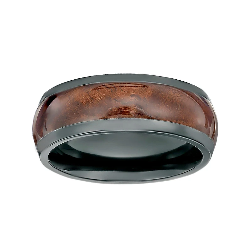 Mens Black Zirconium Band Ring with Wood Inlay