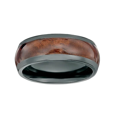 Mens Black Zirconium Band Ring with Wood Inlay