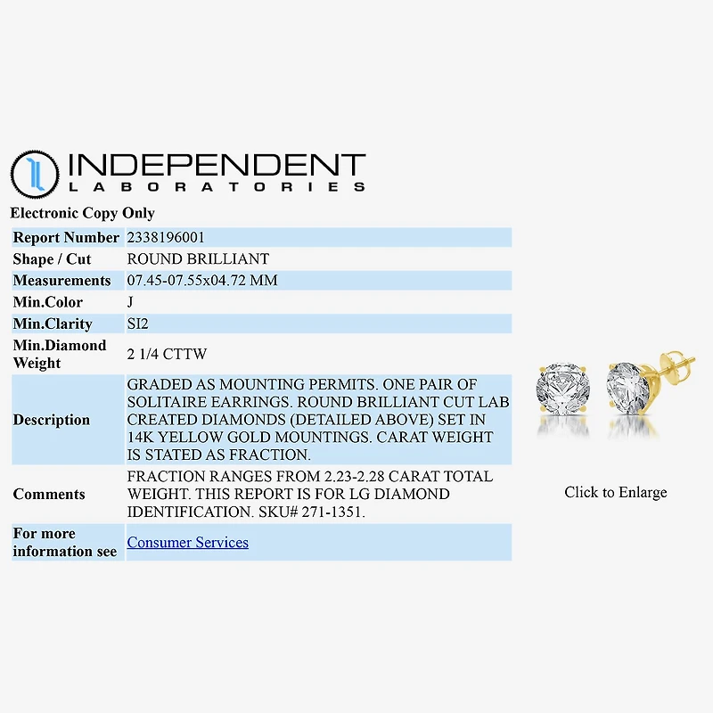 (G / SI1-SI2) Ever Star 2 1/4 CT. T.W. Lab Grown White Diamond 14K Gold 6.8mm Stud Earrings