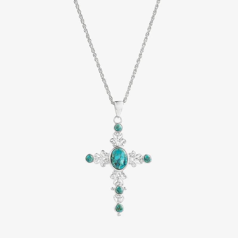 Womens Blue Turquoise Sterling Silver Cross 18 Inch Pendant Necklace