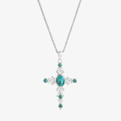 Womens Blue Turquoise Sterling Silver Cross 18 Inch Pendant Necklace