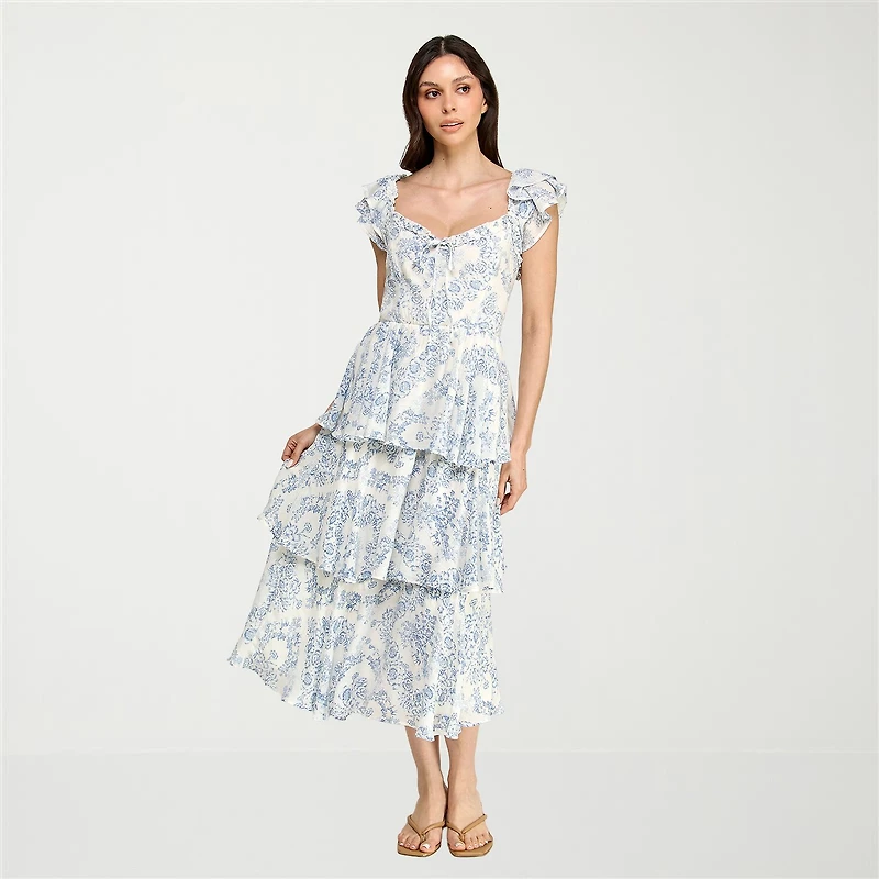 Trixxi Womens Juniors Midi Short Sleeve Floral A-Line Dress