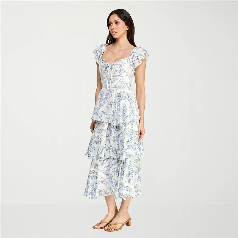 Trixxi Womens Juniors Midi Short Sleeve Floral A-Line Dress