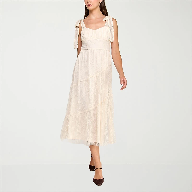 Trixxi Womens Juniors Midi Sweetheart Neck Sleeveless Floral A-Line Dress