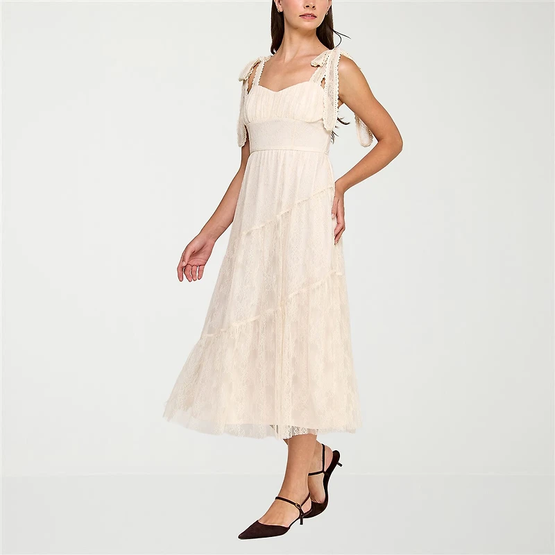 Trixxi Womens Juniors Midi Sweetheart Neck Sleeveless Floral A-Line Dress