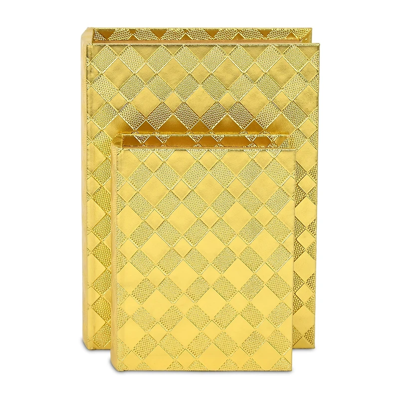 Cheungs Gold Vinyl Diamond Checkered Pattern Book Box Set 2-pc. Decorative Box