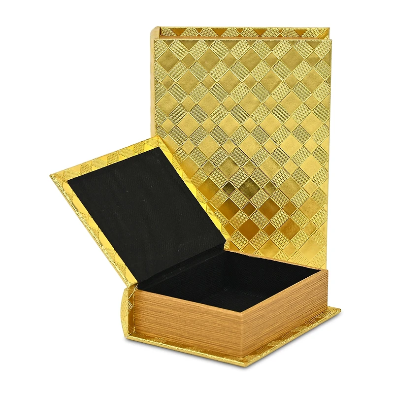 Cheungs Gold Vinyl Diamond Checkered Pattern Book Box Set 2-pc. Decorative Box
