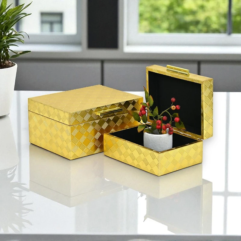 Cheungs Gold Vinyl Diamond Checkered Pattern Box Set Jewelry Organizer