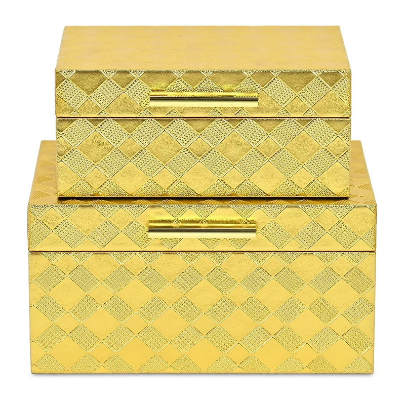 Cheungs Gold Vinyl Diamond Checkered Pattern Box Set Jewelry Organizer