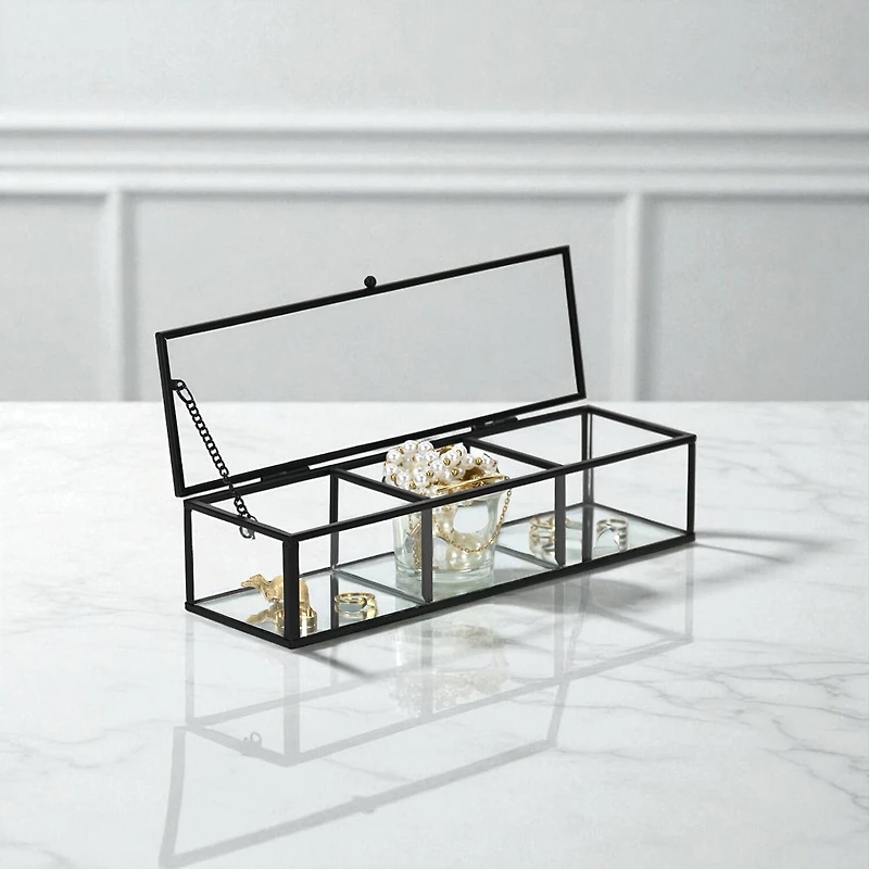 Cheungs Mirrored Glass Box With Three Compartments Jewelry Organizer