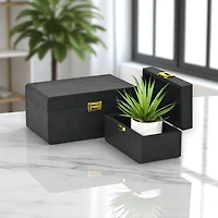 Cheungs Black Rounded Shagreen Vinyl Box Set With Gold Handles Black Jewelry Organizer