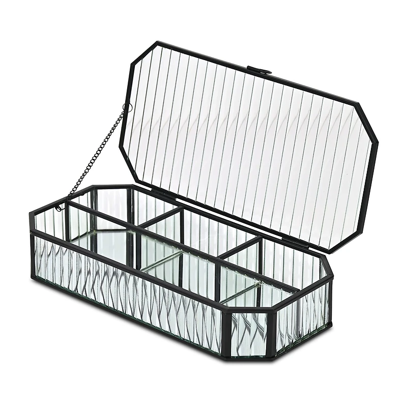 Cheungs Fluted Glass Mirrored Box With Four Compartments Jewelry Organizer