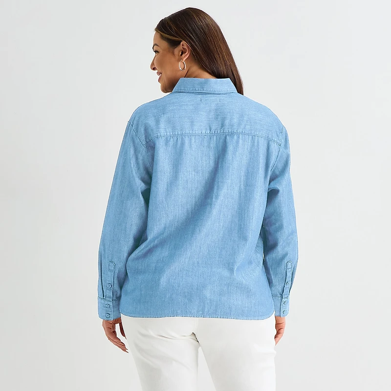Liz Claiborne Womens Plus Fitted Long Sleeve Regular Fit Button-Down Shirt