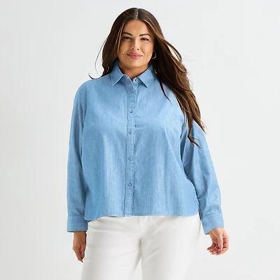 Liz Claiborne Womens Plus Fitted Long Sleeve Regular Fit Button-Down Shirt