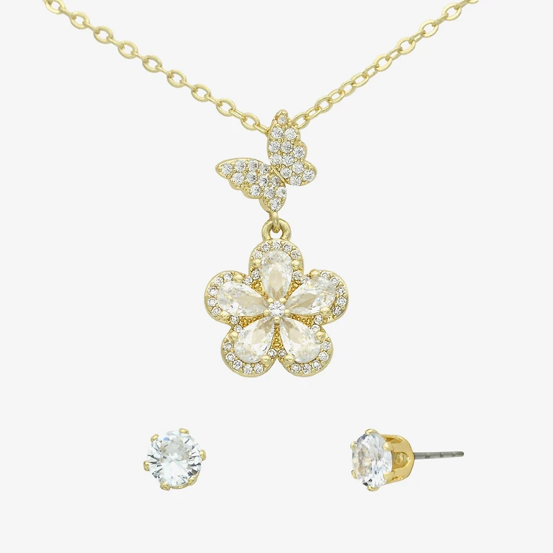 Sparkle Allure Womens Cubic Zirconia 14K Gold Over Brass Butterfly Flower 2-pc. Jewelry Set