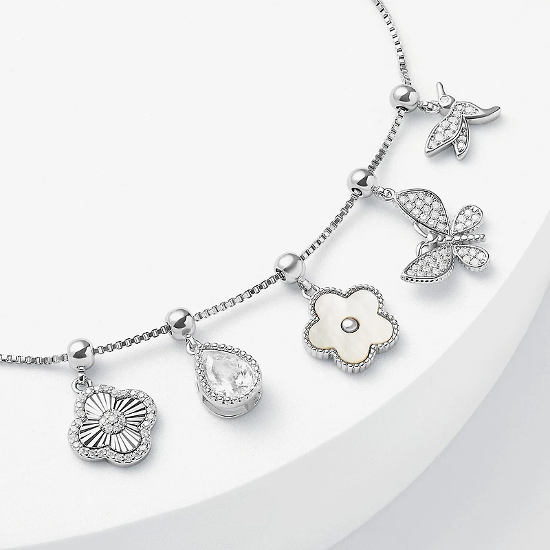 Sparkle Allure Womens White Cubic Zirconia Pure Silver Over Brass Flower Charm Bracelet