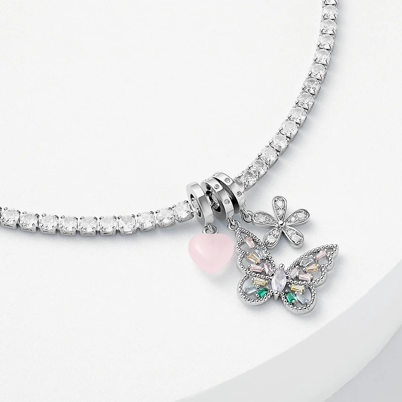 Sparkle Allure Womens Multi Color Cubic Zirconia Pure Silver Over Brass Butterfly Charm Bracelet