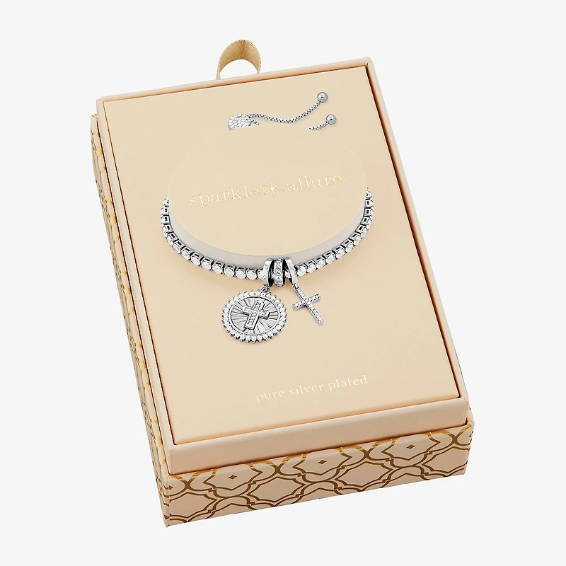 Sparkle Allure Womens Multi Color Cubic Zirconia Pure Silver Over Brass Cross Charm Bracelet