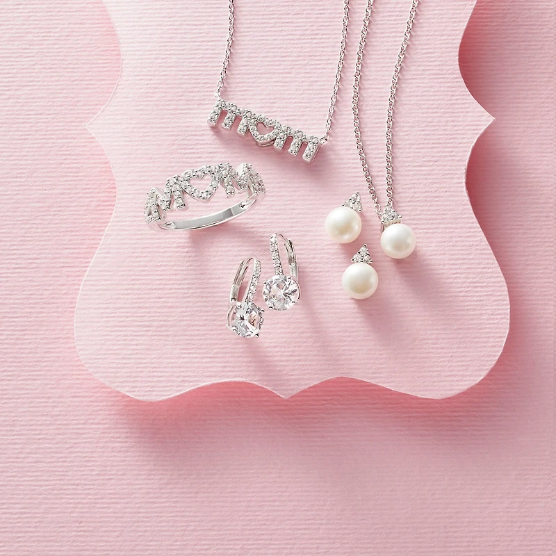 Yes, Please! "Mom" Womens Lab Created White Sapphire Sterling Silver Heart Band