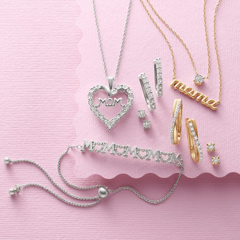 Yes, Please! "Mom" Womens 1/10 CT. T.W. Natural White Diamond Sterling Silver Heart 18 Inch Pendant Necklace