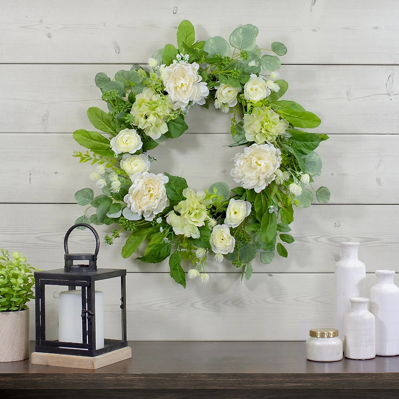Northlight 23in Hydrangea And Ranunculus Eucalyptus Green And Cream Wreath