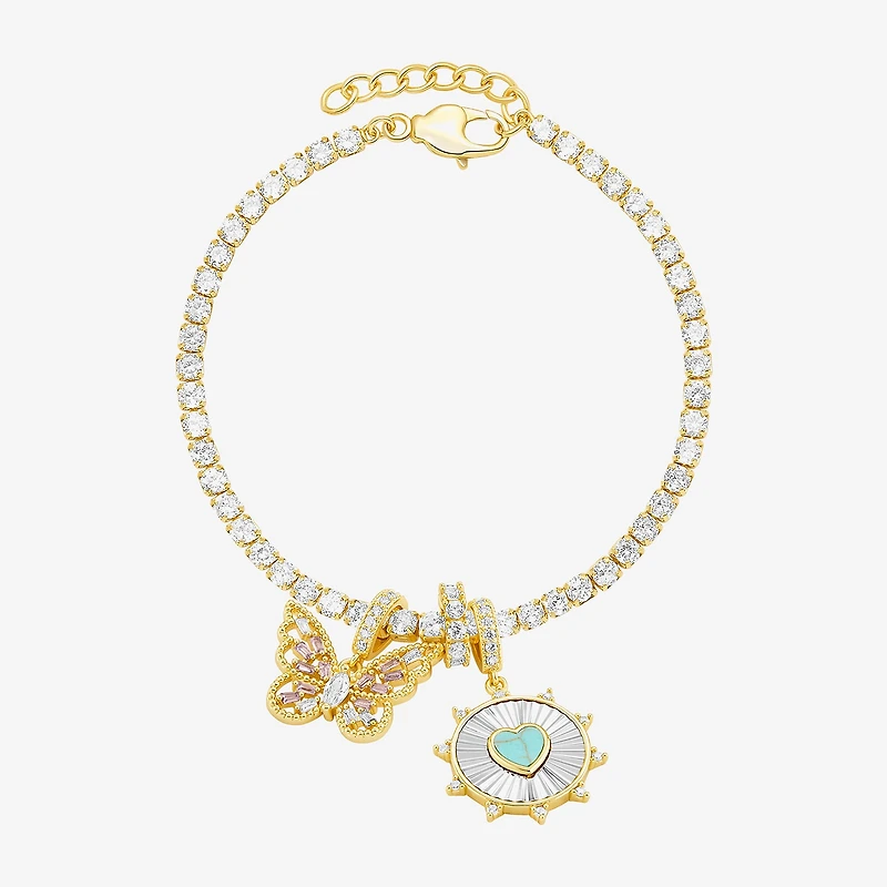 Sparkle Allure Womens Multi Color Cubic Zirconia 14K Gold Over Brass Heart Charm Bracelet