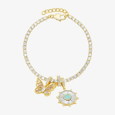 Sparkle Allure Womens Multi Color Cubic Zirconia 14K Gold Over Brass Heart Charm Bracelet