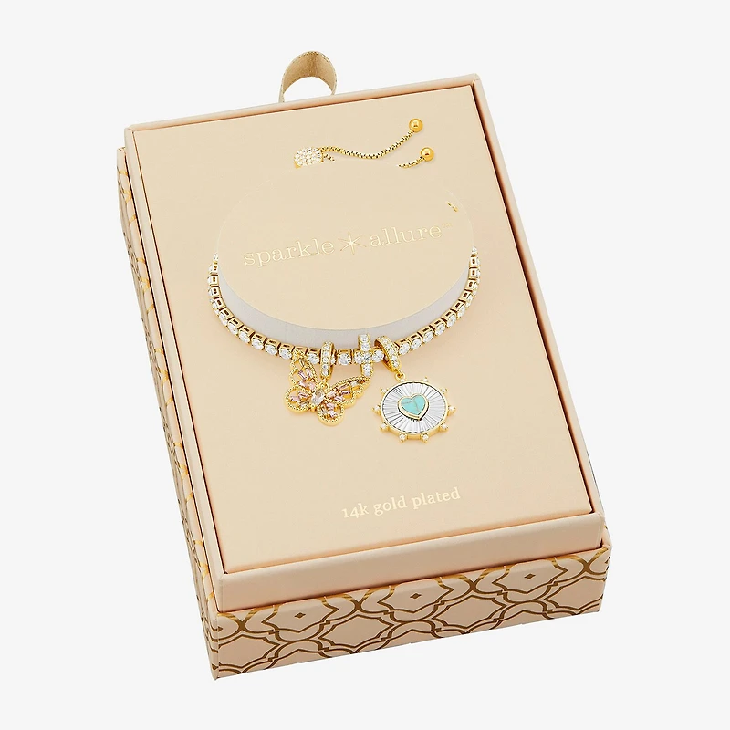 Sparkle Allure Womens Multi Color Cubic Zirconia 14K Gold Over Brass Heart Charm Bracelet