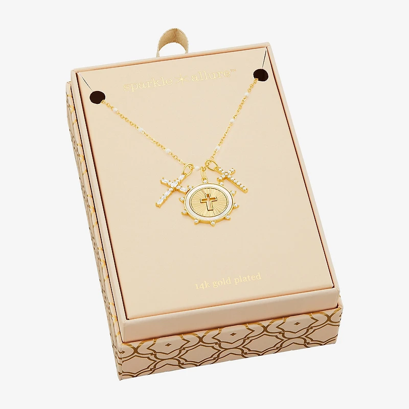 Sparkle Allure Womens White Cubic Zirconia 14K Gold Over Brass Cross 18 Inch Pendant Necklace