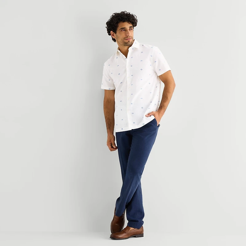 Stafford Linen Blend Mens Short Sleeve Regular Fit Button-Down Shirt
