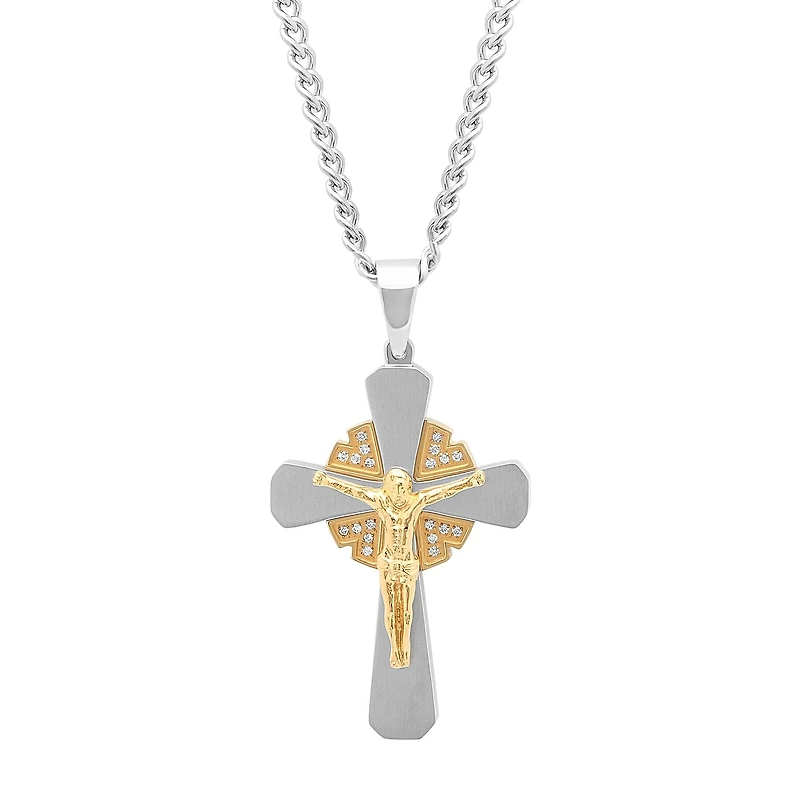 1/10 CT. T.W. White Diamond Stainless Steel Crucfix Pendant Necklace