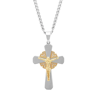 1/10 CT. T.W. White Diamond Stainless Steel Crucfix Pendant Necklace