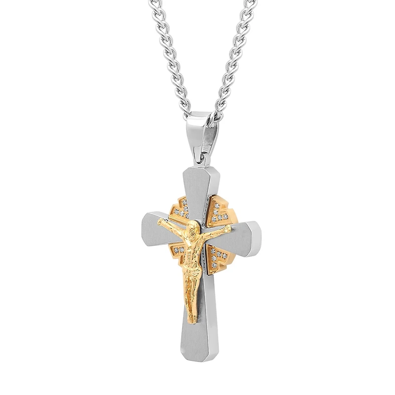1/10 CT. T.W. White Diamond Stainless Steel Crucfix Pendant Necklace