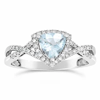 Womens 1/5 CT. Genuine Blue Aquamarine 10K Gold Halo Crossover Cocktail Ring